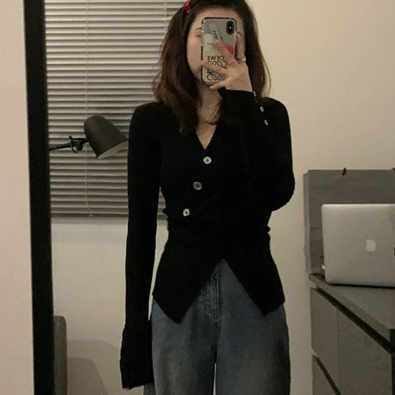 Sexy Slim Fit V-hals Trui Dames Herfst Winter Split Lange Mouw Gebreid