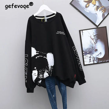 Kawaii Cartoon Letter Print Oversized Streetwear Female Sweatshirt Korean Fashion Casual Long Sleeve
