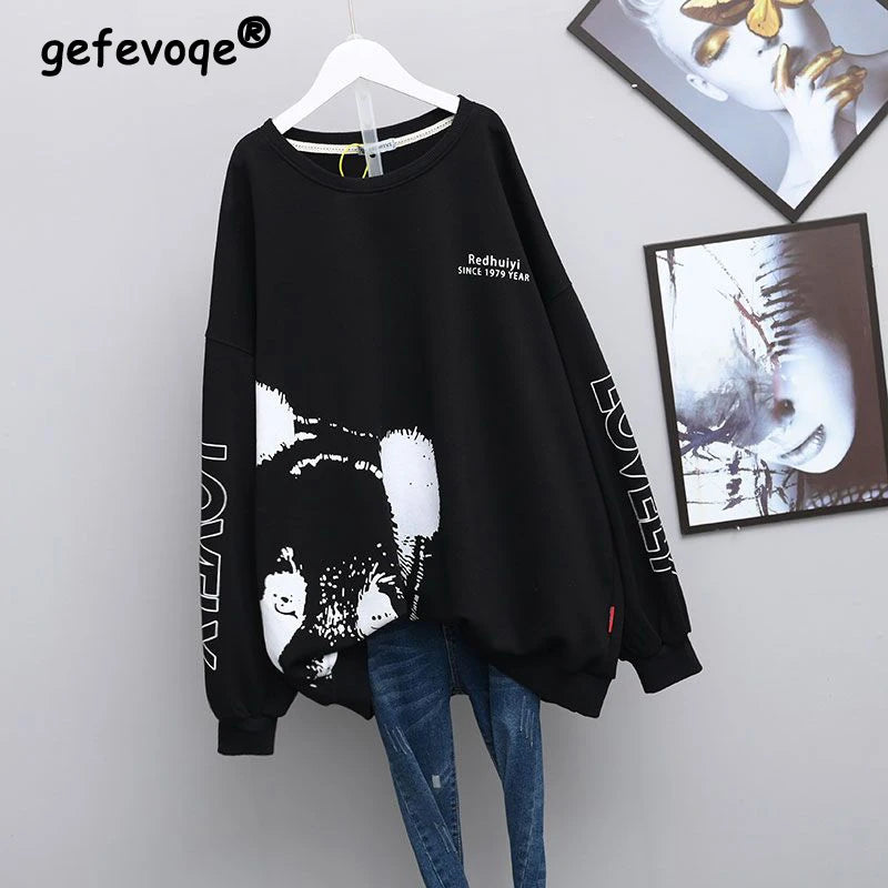 Kawaii Cartoon Letter Print Oversized Streetwear Female Sweatshirt Korean Fashion Casual Long Sleeve