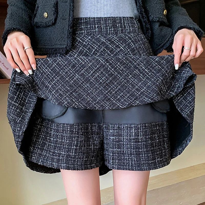 British Style Plaid Mini Skirts Women Autumn Winter Gray High Waist A Line
