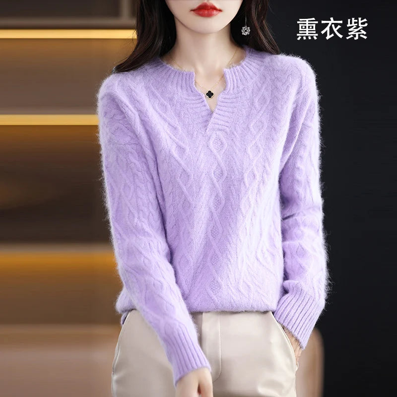 Pure Mink Cashmere Trui Dames V-hals Dikke Brei Trui Mode Jacquard