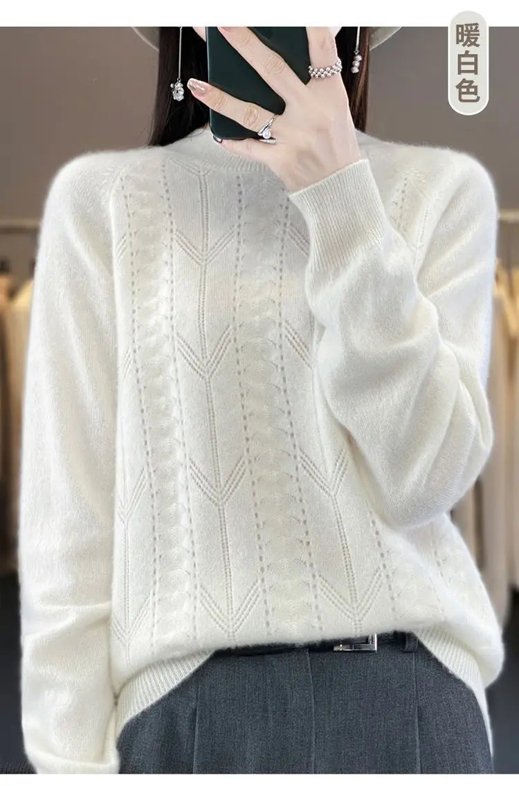 Women Stylish Simple Hollow Soft Cashmere Basic Knitted Sweater Solid O Neck Long Sleeve Loose