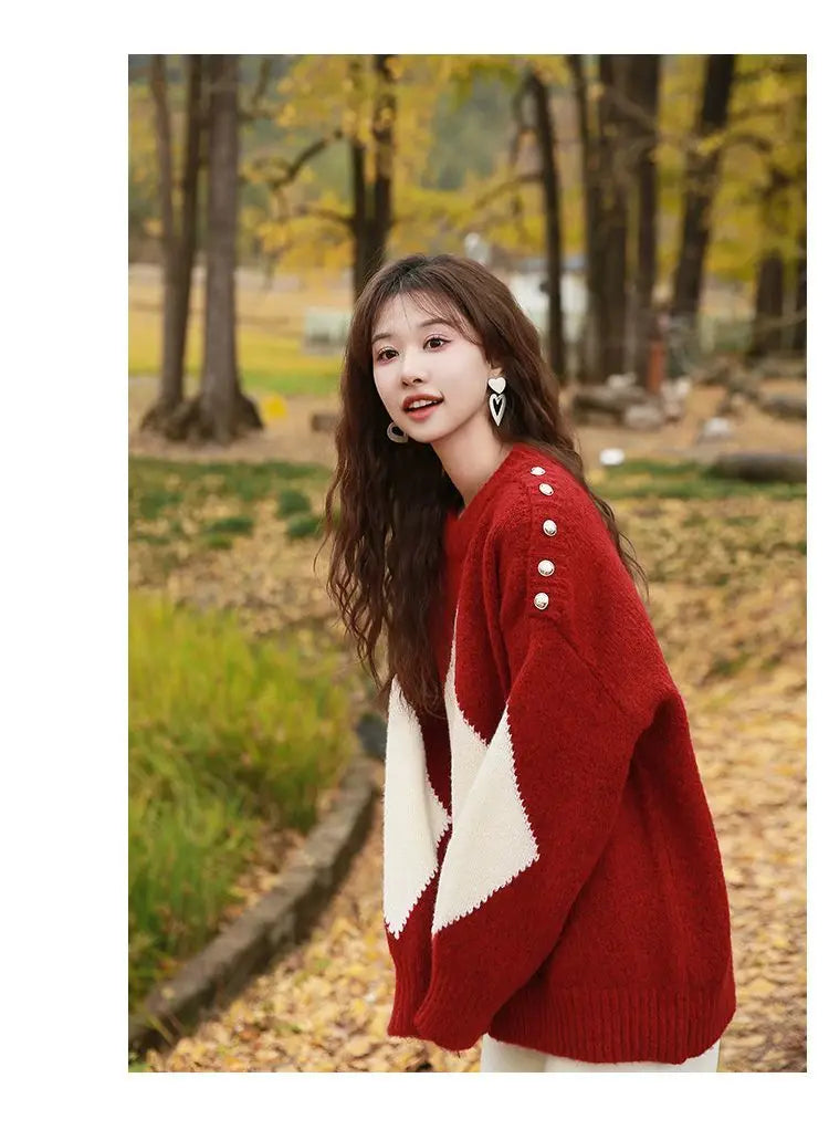 Kerstrode losse trui voor dames, herfst- en wintermode, gebreide top, dik