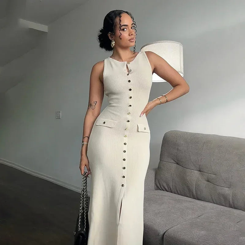 Elegante mouwloze enkelrijs geribbelde truien lange jurk voor dames hoog