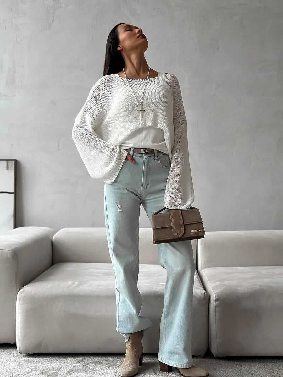 Bornladies Simple Solid Color Long Sleeved Sweater Women s Spring Knitted Hollow