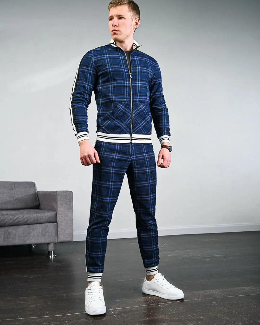 Mens Tracksuits Colorful Plaid Casual Zipper Hoodie Set 3D Print Set Autumn Male