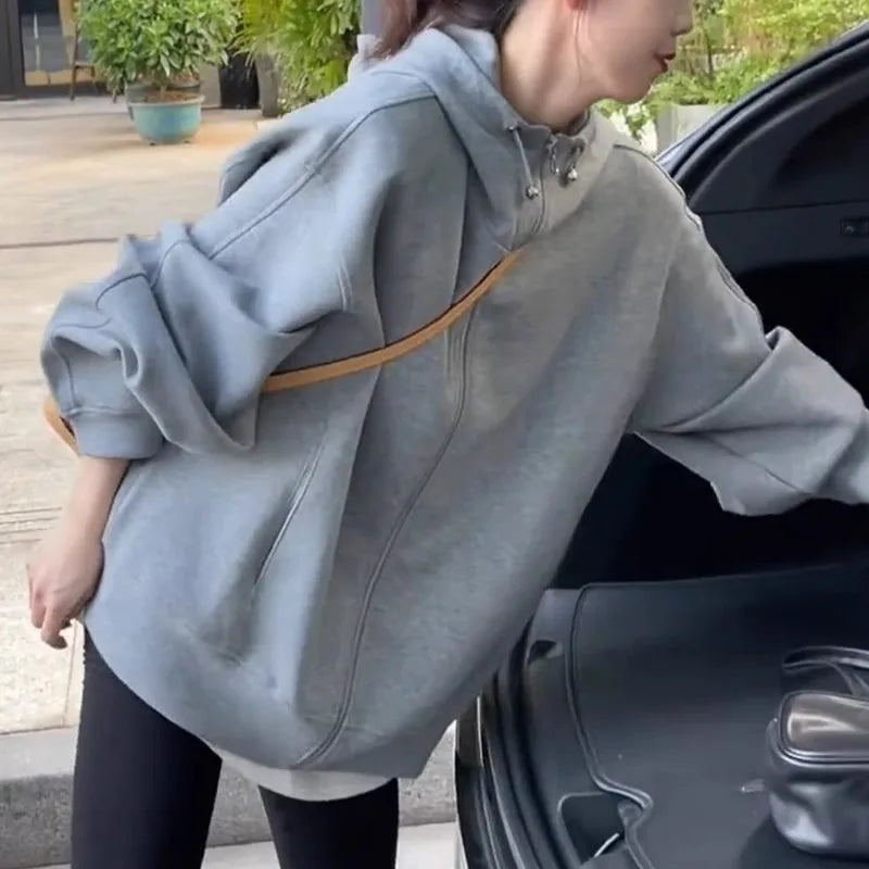 Mode Effen Kleur Trui Gebreid Vest Dames Ritssluiting Lange Mouw Los