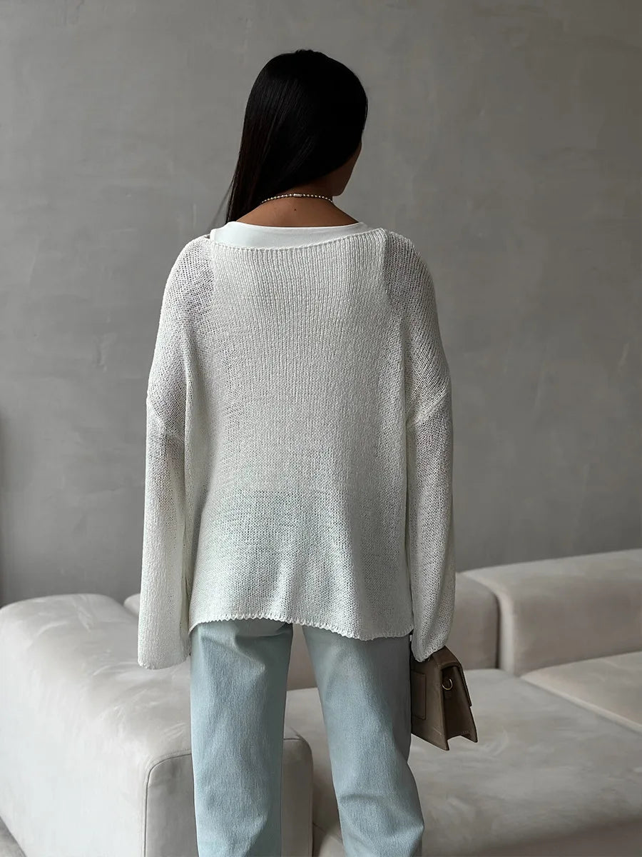 Bornladies Simple Solid Color Long Sleeved Sweater Women s Spring Knitted Hollow