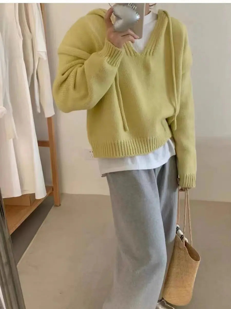 Koreaanse gebreide hoodie met capuchon, effen kleur, zachte en losse bedekking
