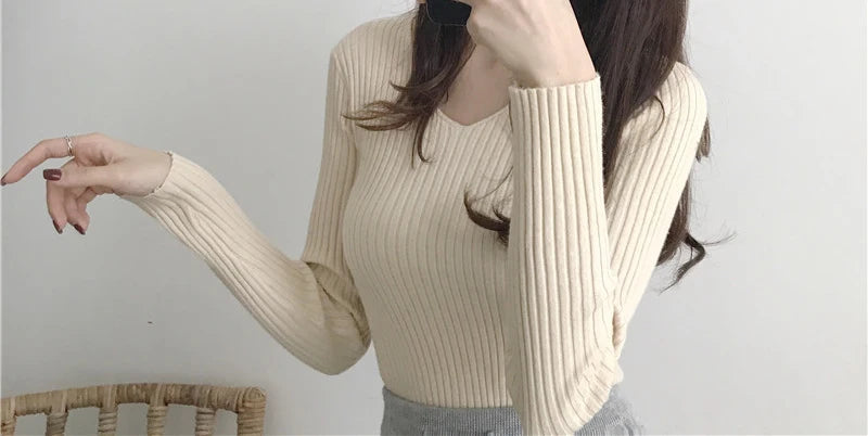 Heliar Dames V-hals Slim Sexy Trui Gebreid Lange Mouw Effen Onderkant Trui