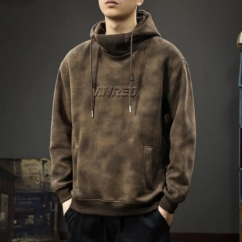 Men s Thick Hooded Sweatshirt High Neck Loose Korean Retro Style Casual Jacket