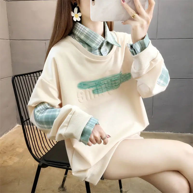 Fake Two Hoodies voor vrouwelijke studenten Koreaans ontwerp Patchwork Dun Lange mouwen Los Veelzijdig
