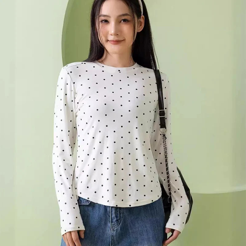 American Vintage Polka Dot Pullovers Women Spring Autumn Slim Fit Long Sleeve