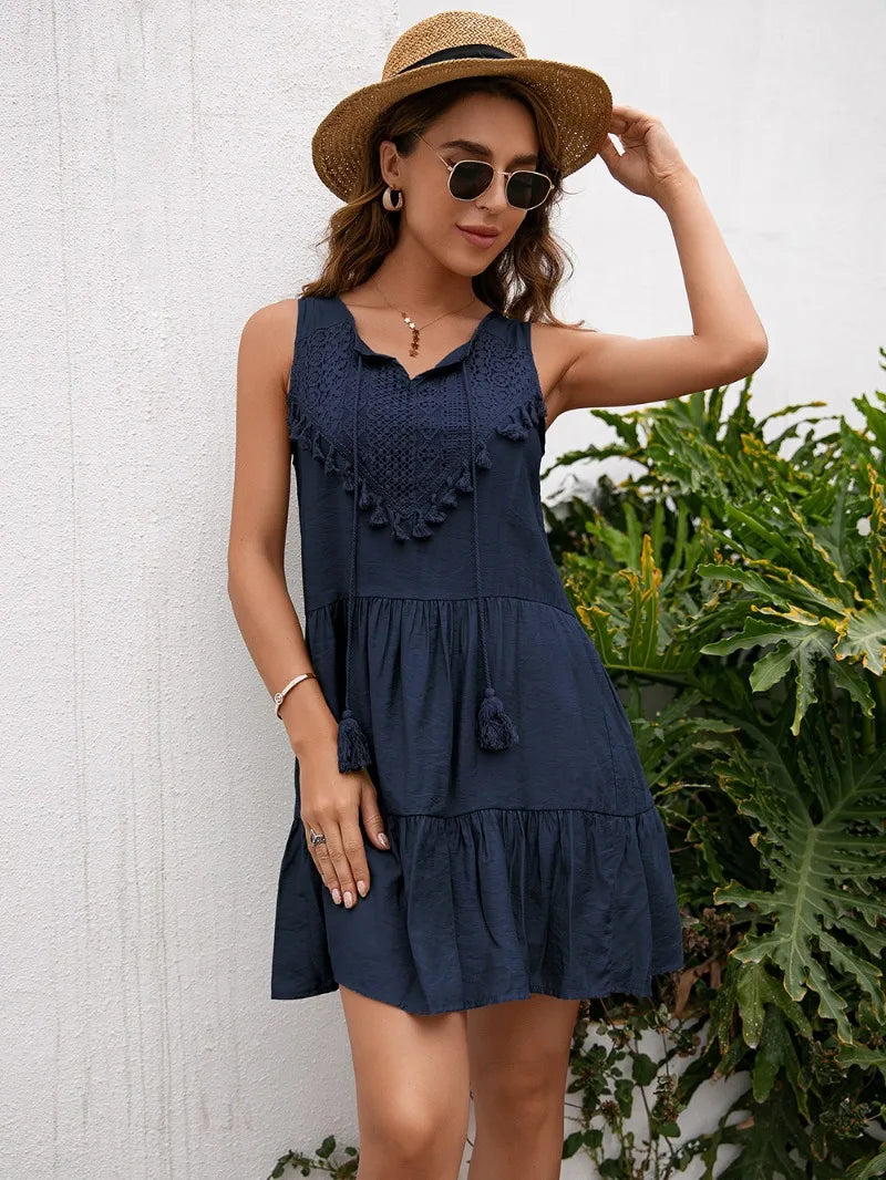 Casual dames zomer kwastjes kant hoge taille mouwloze korte mini-jurk vestido