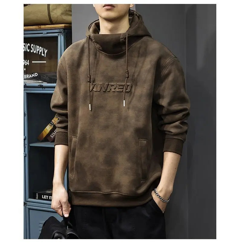 Men s Thick Hooded Sweatshirt High Neck Loose Korean Retro Style Casual Jacket