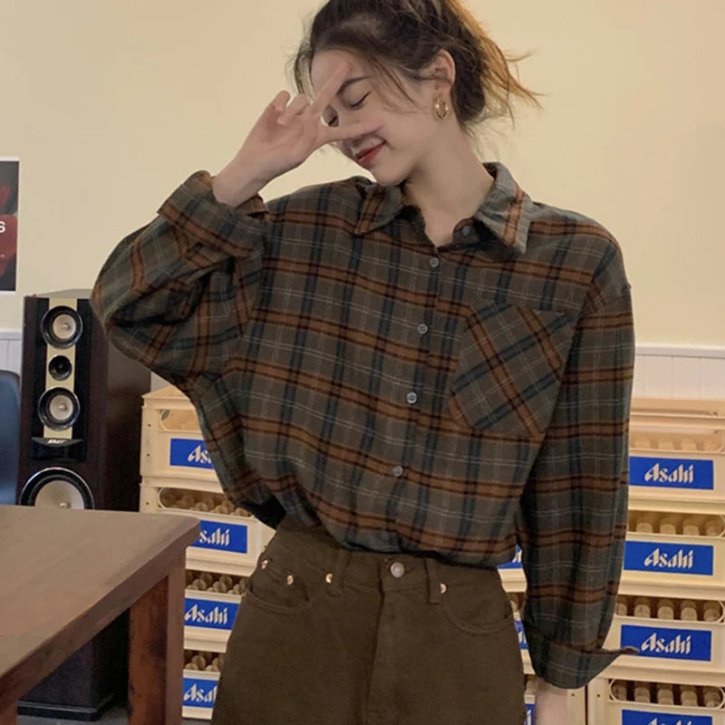 All Match Mix Color Plaid Shirts Dames Herfst Winter Enkelrijs Lange Mouw