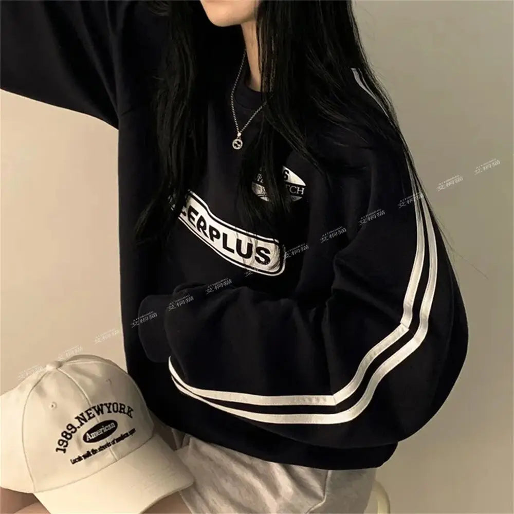 American Thin Round Neck Sweatshirt Women in Spring Autumn Korean Loose Versatile Top