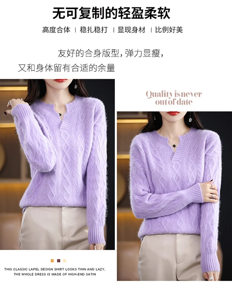 Pure Mink Cashmere Trui Dames V-hals Dikke Brei Trui Mode Jacquard