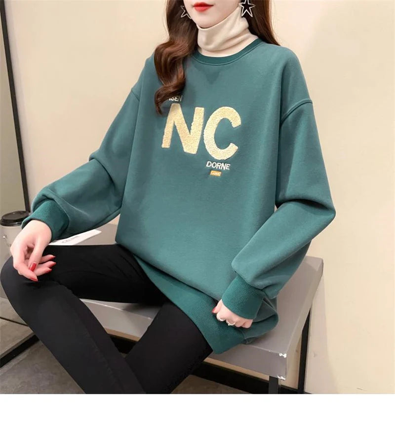 Autumn Winter High Collar Long Sleeve Fleece Thick Oversize Streetwear Female Sweatshirt Fake 2