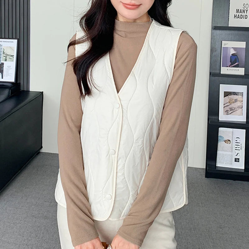 Lichtgewicht katoenen vestjas voor dames, Koreaanse V-hals, warm, mouwloos