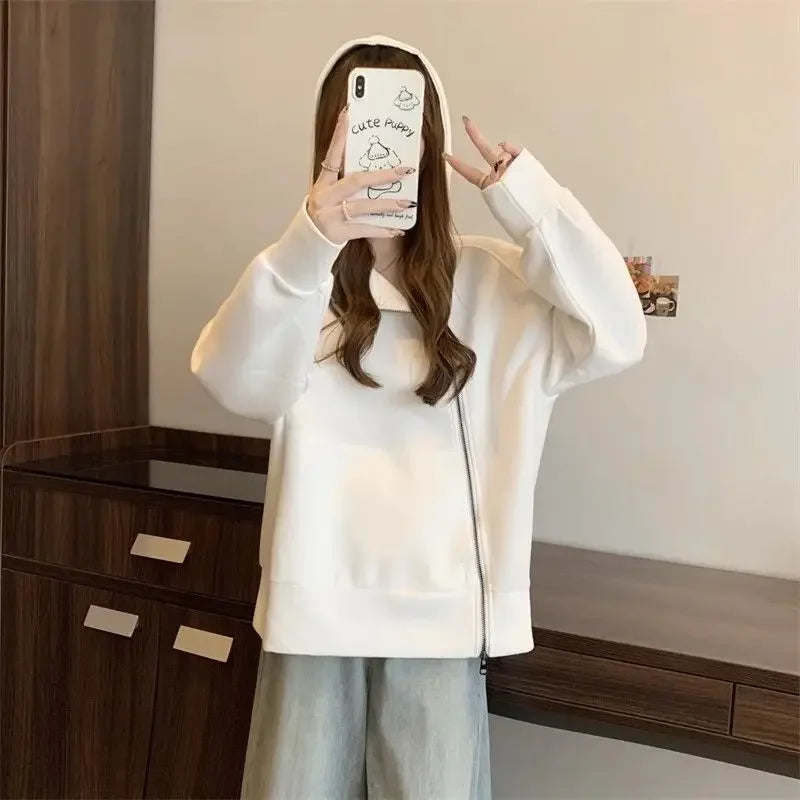 Plus Size Women Belly covering Hooded Diagonal Zipper Long sleeved Sweatshirt for Fat Girls Loose
