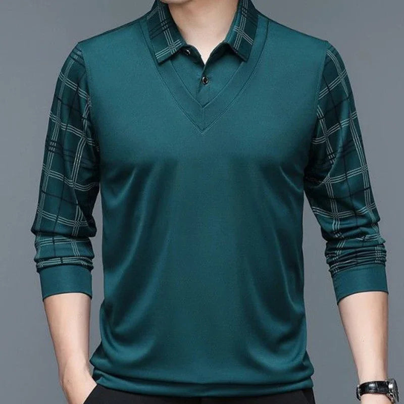 Spring Long Sleeve Polo Men s T shirt Turn down Collar Loose Solid Plaid Fashion