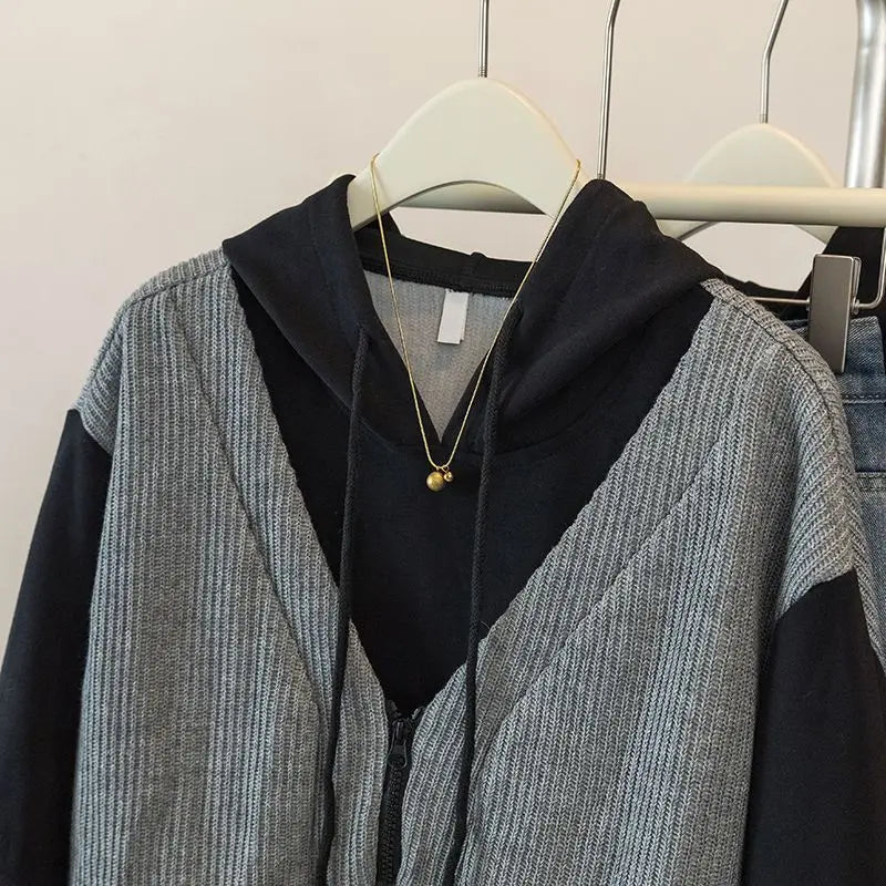 Hooded Fake Two-piece Spliced lange mouwen Sweatshirt Herfst en Winter Slim Top