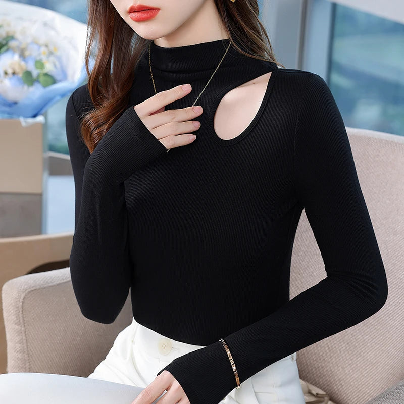 Dames Herfst Winter Bottoming Shirt Zwart Wit Casual Basic Slim Fluweel Thermisch