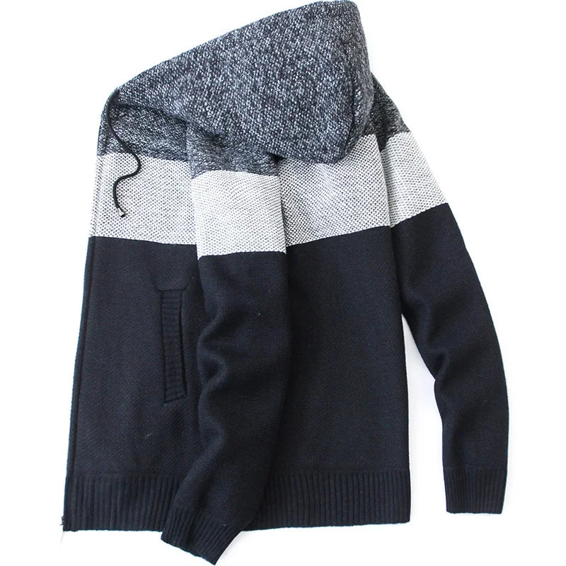 Men s Casual High Neck Long Sleeve Knitted Hoodie Coat Velvet Warmth Autumn Winter Fashion Multi