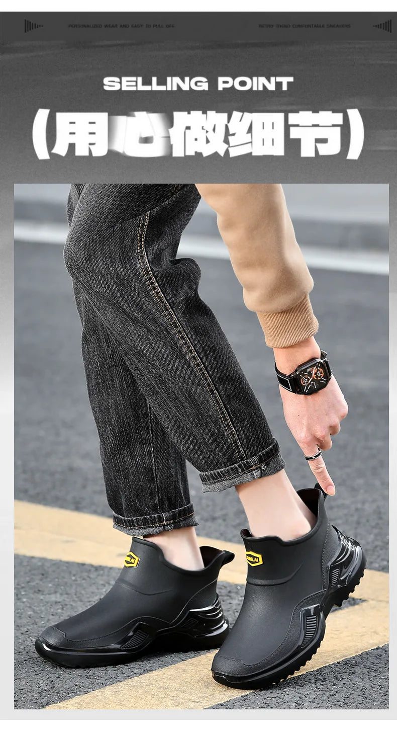 Korean Style Short Sporty Rain Boots Thickened Wide Comfortable Men s Slip On Water Shoes Anti