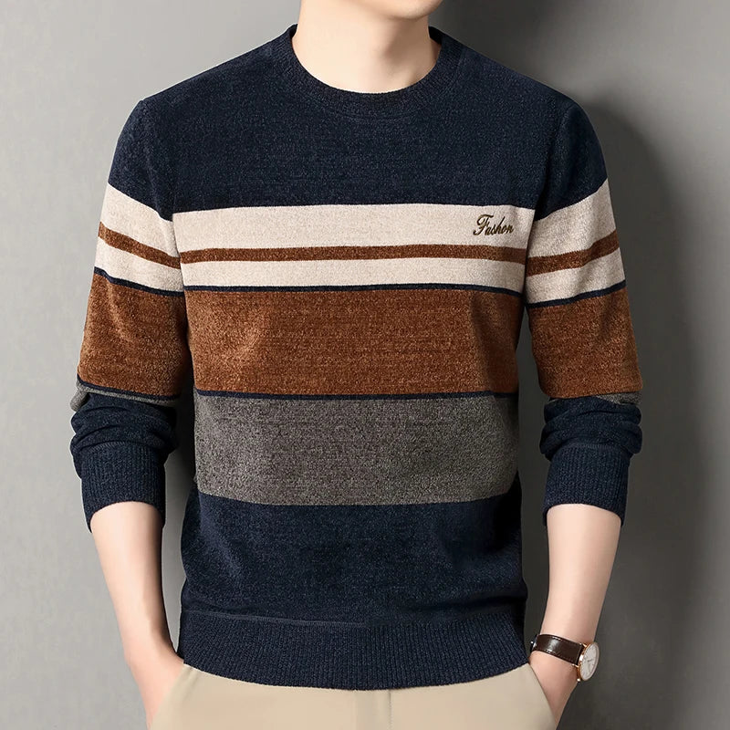 Mens Chenille Sweaters Fashion Knitting Pullover Striped Men s Autumn Winter Top Clothes Round