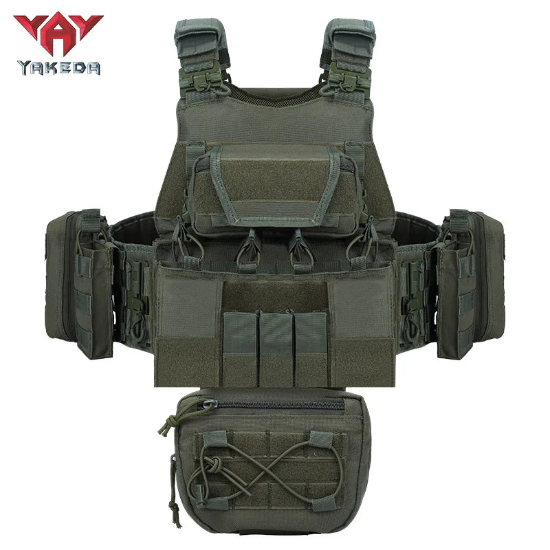 8832yakeda tactical vest is equipped with multiple accessory packs and an expandable Molle system