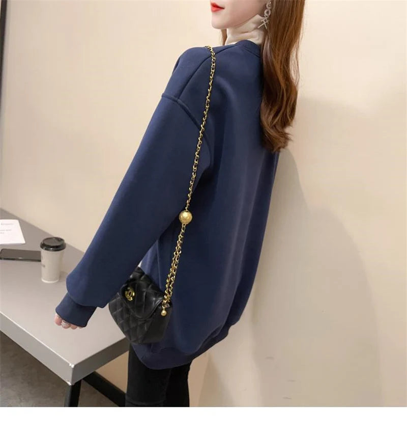Autumn Winter High Collar Long Sleeve Fleece Thick Oversize Streetwear Female Sweatshirt Fake 2
