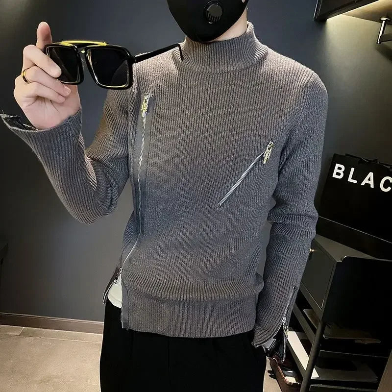 Motorcycle Men s Clothing Turtleneck Pullovers Zipper Knit Sweater Male High
