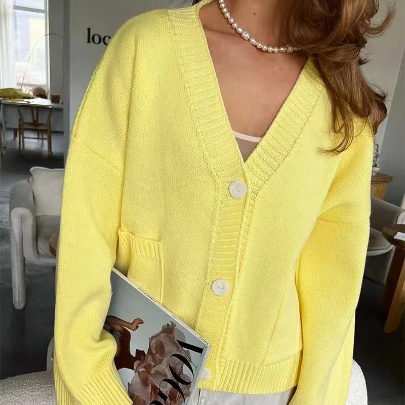 Gele gebreide single-breasted cardigan voor dames, lente/herfst, losse V-hals