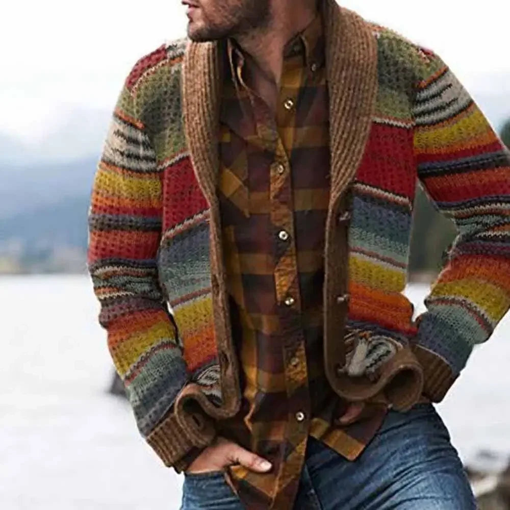 Men's Sweater Jacket Lapel Color-blocked Knitted Cardigan Sweater