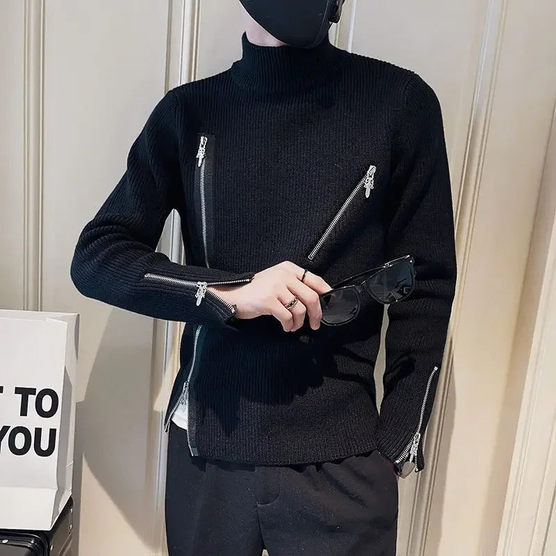 Motorcycle Men s Clothing Turtleneck Pullovers Zipper Knit Sweater Male High