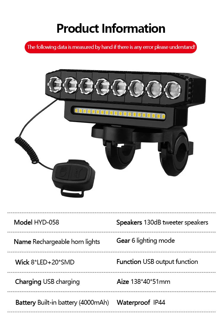 5 8 LED Fiets Koplamp USB Oplaadbaar 130dB Fietshoorn Gemakkelijk te gebruiken