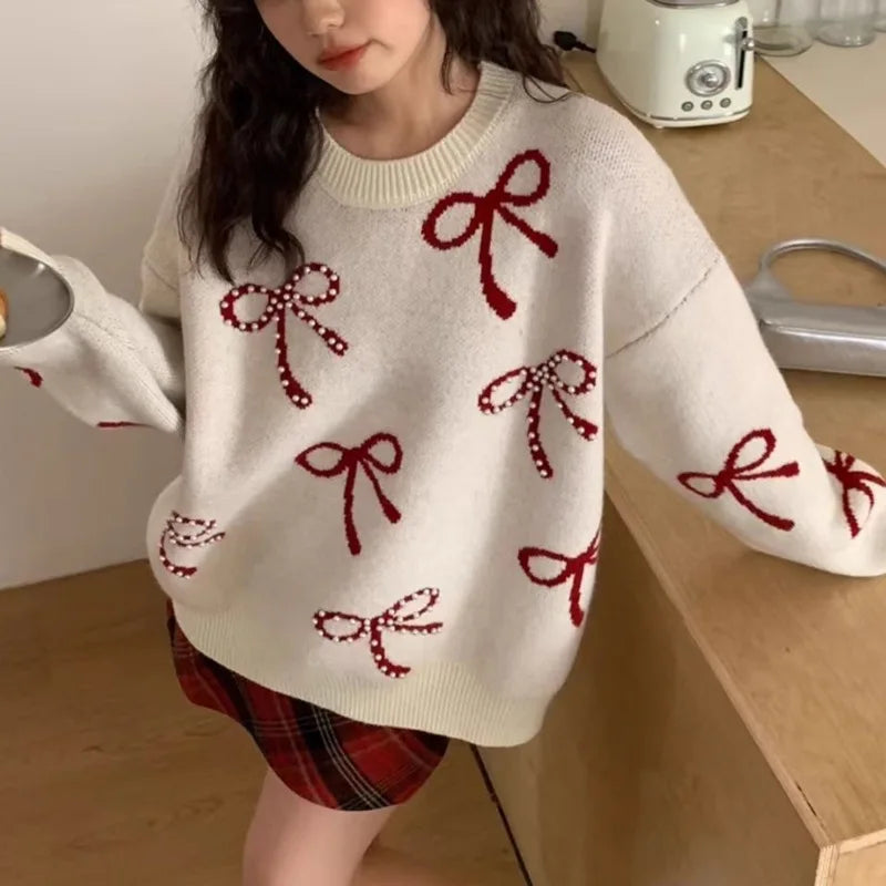 Mode strik genagelde kralen ronde hals trui voor dames in de herfst en winter Koreaanse losse