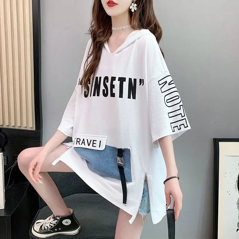 Zomer Harajuku Y2K Hooded Schouder Mouw V-hals T-shirts Dames Mode Letter