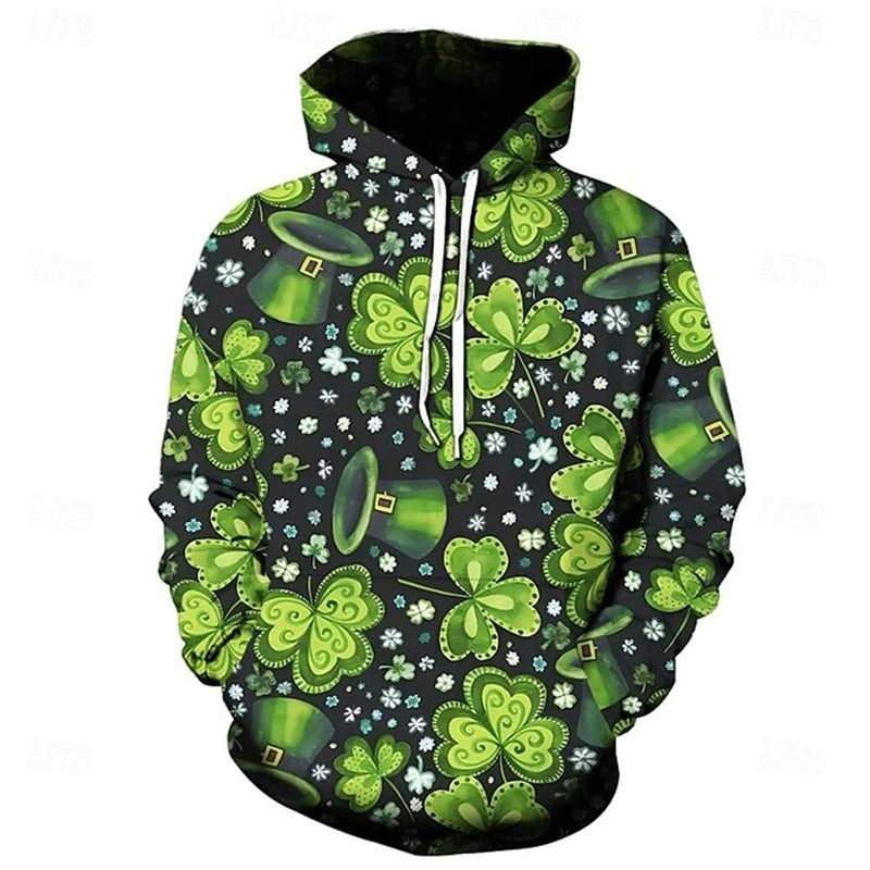 Men Hoodies St. Patricks Day Clothing 3D Print Green Clover Hat Graphic Hooded
