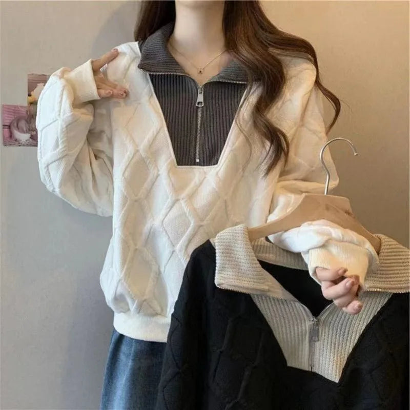 Driedimensionale sweatshirt met rits voor dames, herfst- en wintertop