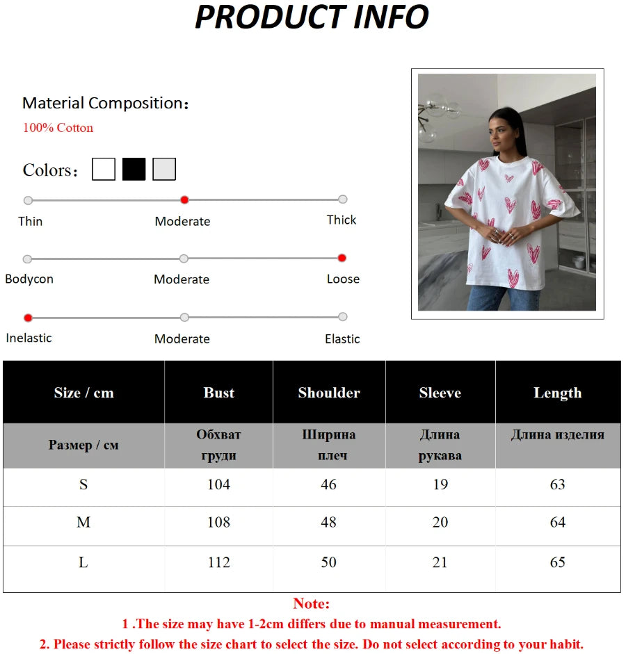 Bornladies Casual O-hals hartprint dames T-shirt zomer korte mouw los