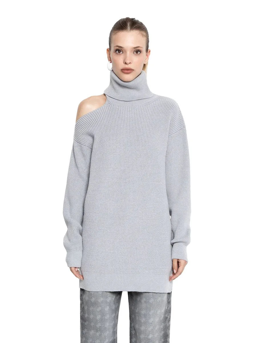 Bornladies Dames coltrui met uitgesneden schouders, lange mouwen en geribbelde breisels