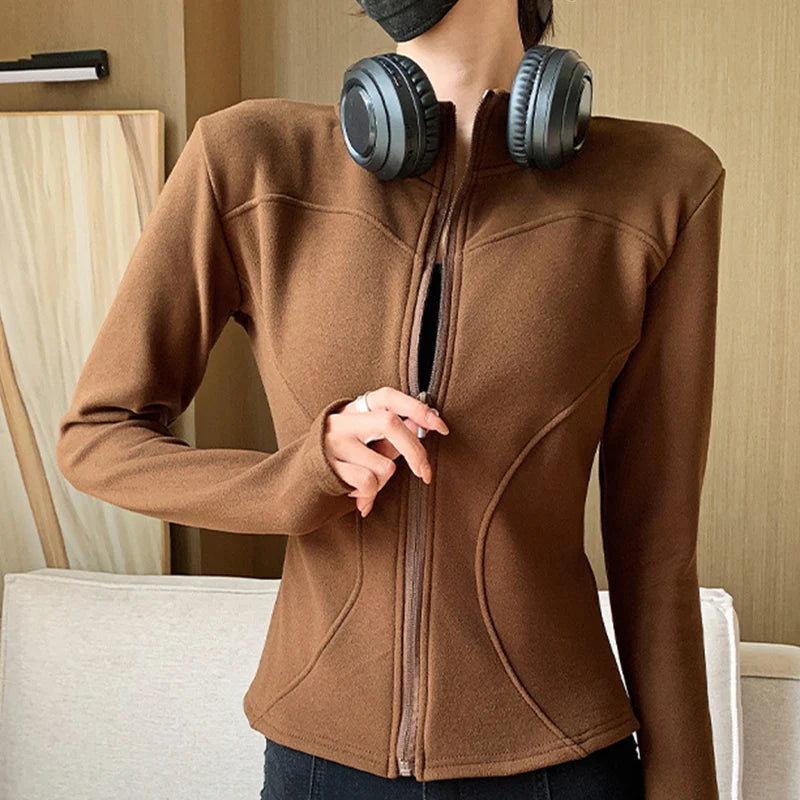 Sportieve Slim Fit Korte Jassen Dames Herfst Winter Chic Opstaande Kraag Lang