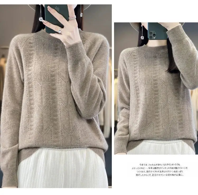 Women Stylish Simple Hollow Soft Cashmere Basic Knitted Sweater Solid O Neck Long Sleeve Loose