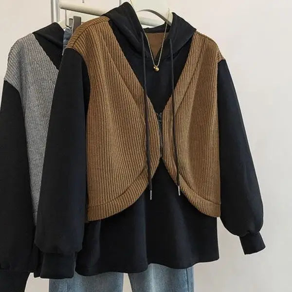 Hooded Fake Two-piece Spliced lange mouwen Sweatshirt Herfst en Winter Slim Top