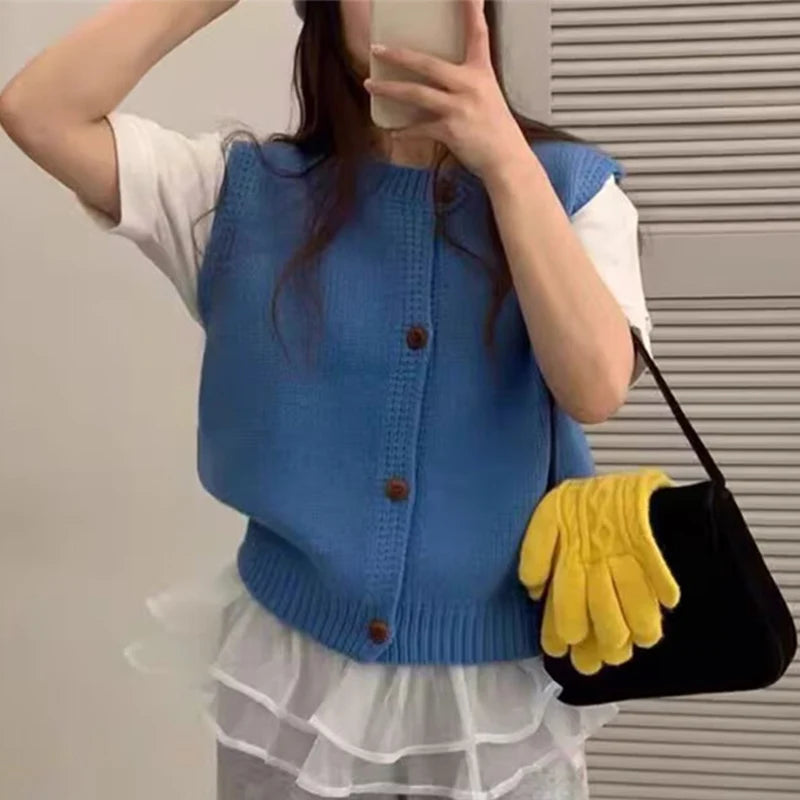 Chic Crew Neck Vest Cardigan for Women Single Breasted Knitted Vest Woman Spring