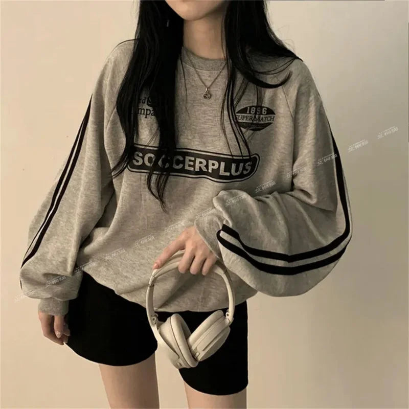 American Thin Round Neck Sweatshirt Women in Spring Autumn Korean Loose Versatile Top