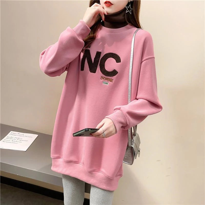 Autumn Winter High Collar Long Sleeve Fleece Thick Oversize Streetwear Female Sweatshirt Fake 2